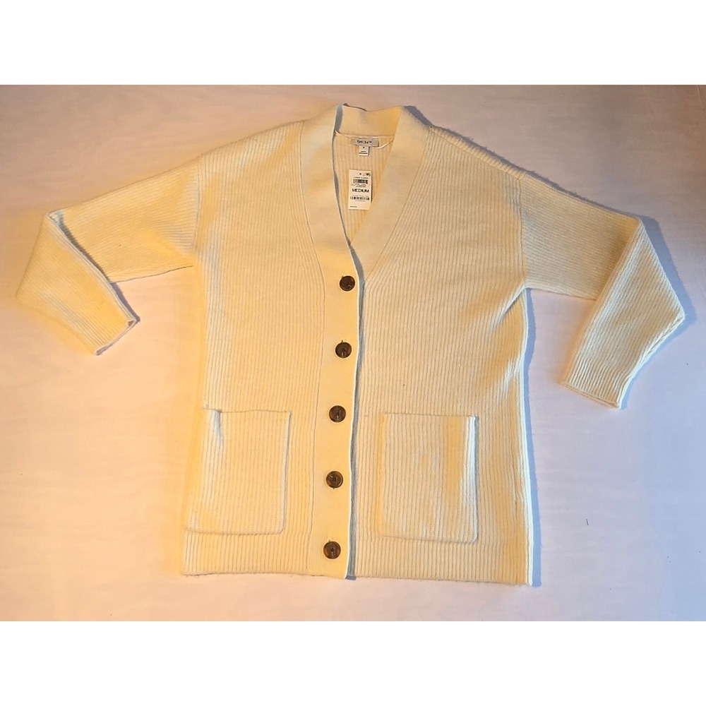 ON 34TH Long Cardigan Cream Ribbed‎ Knit Button Front Pockets Women's Medium
